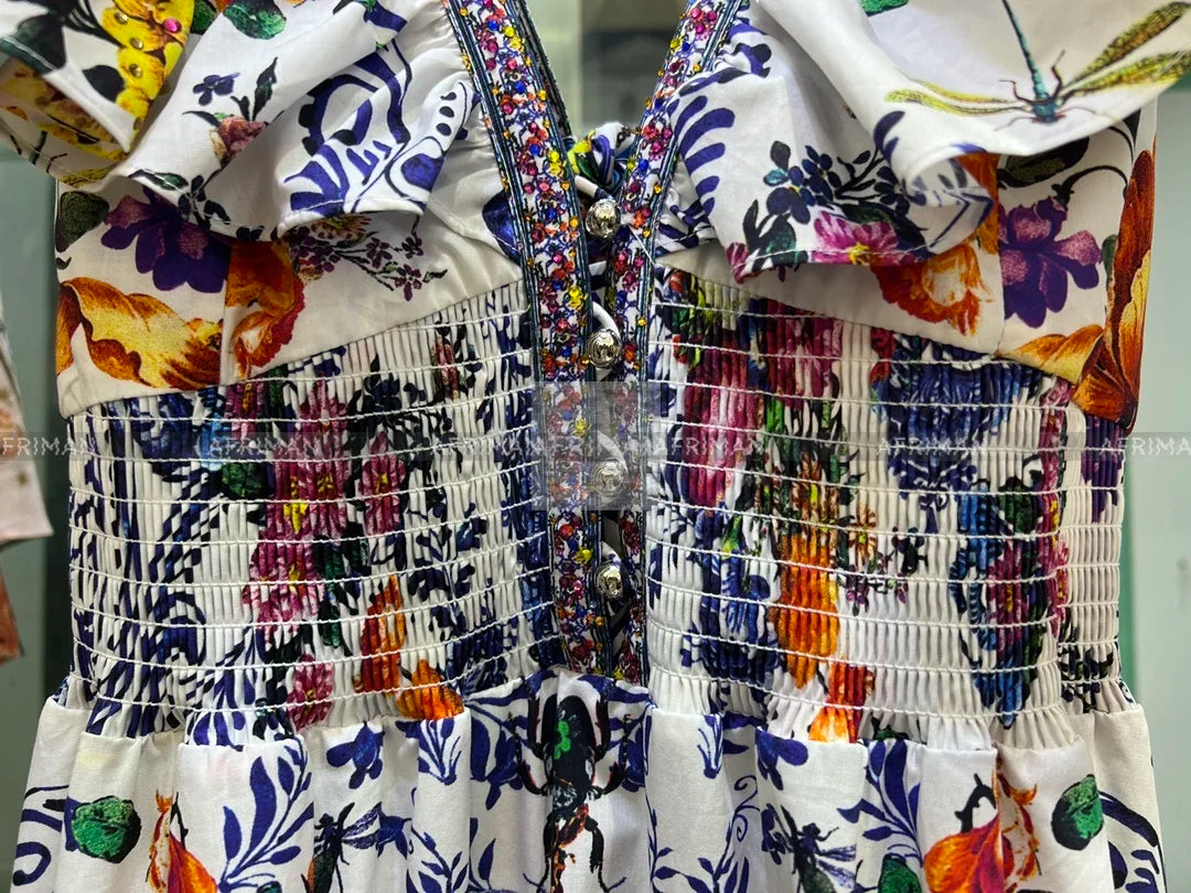 Women V Neck Crystal Beaded Flying Sleeve Retro Flower Print Elastic